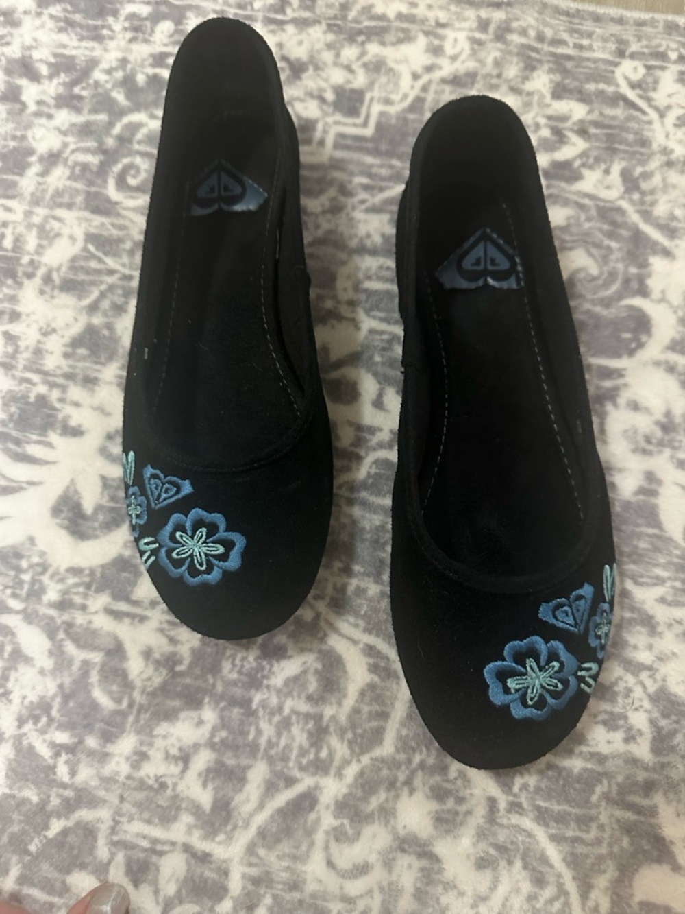 Roxy Black Flats with Blue Floral Embroidery